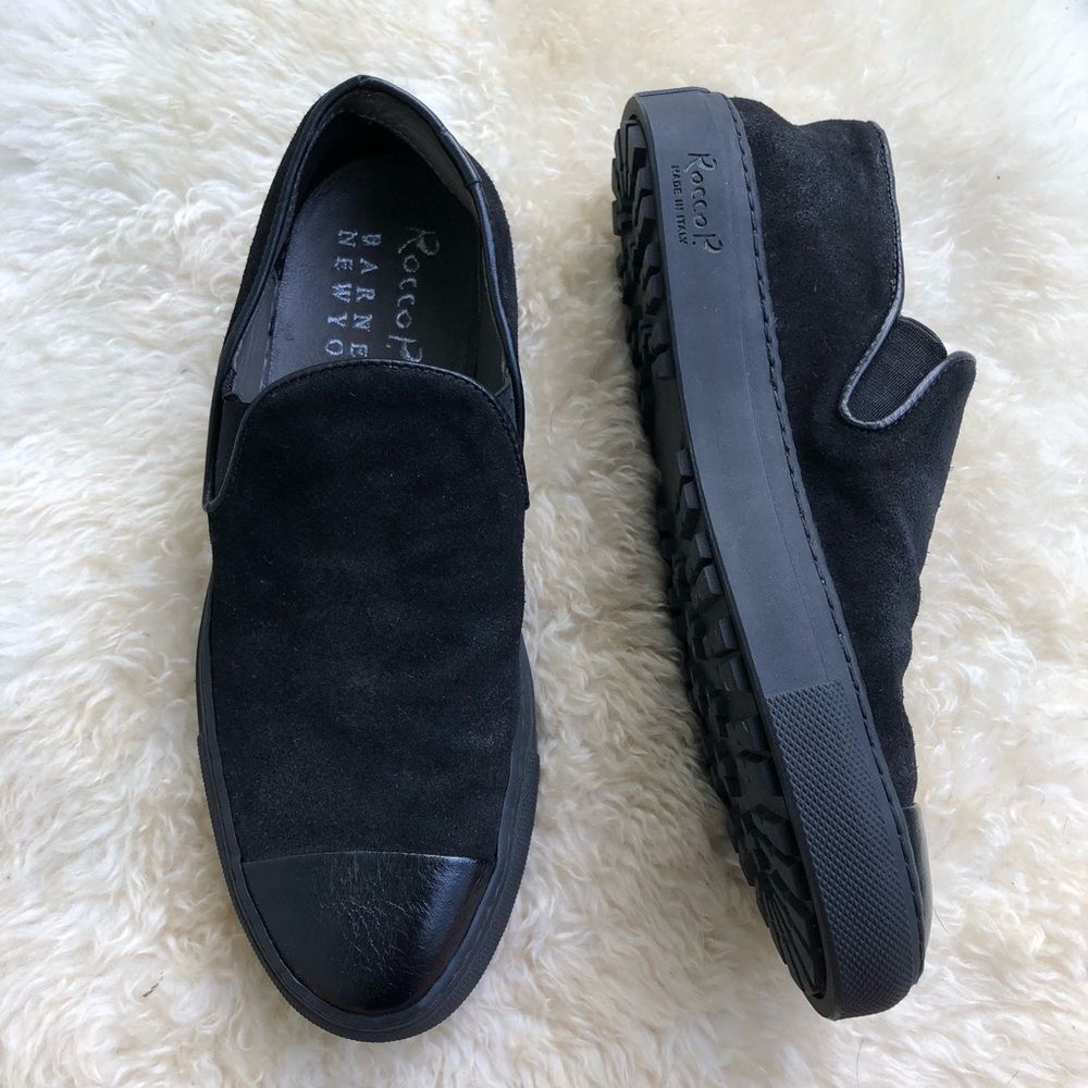 Italian Minimalist Black Slip-On Sneakers EU 36 Leather Cap Toe Casual Shoe